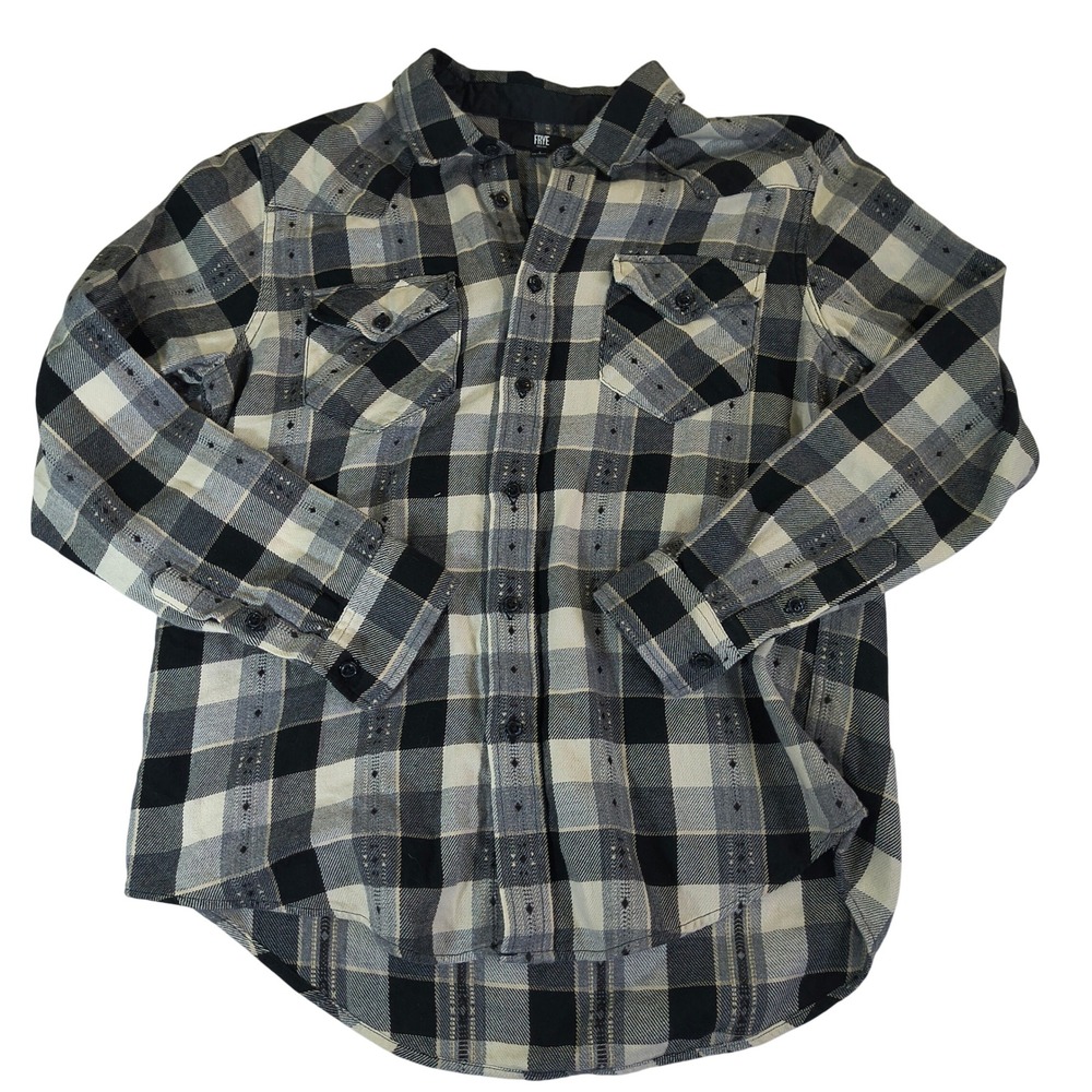 Frye Womens Black White Plaid Western Button Down Shirt Dobby Diamond Size L